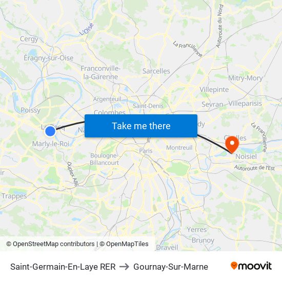 Saint-Germain-En-Laye RER to Gournay-Sur-Marne map