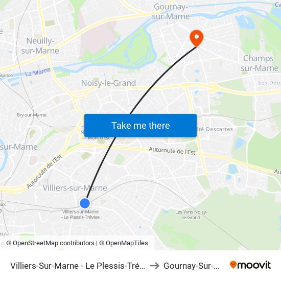 Villiers-Sur-Marne - Le Plessis-Trévise RER to Gournay-Sur-Marne map