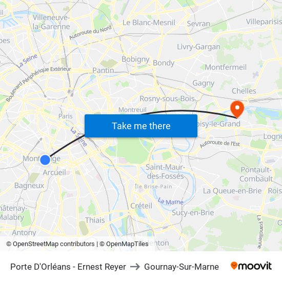 Porte D'Orléans - Ernest Reyer to Gournay-Sur-Marne map