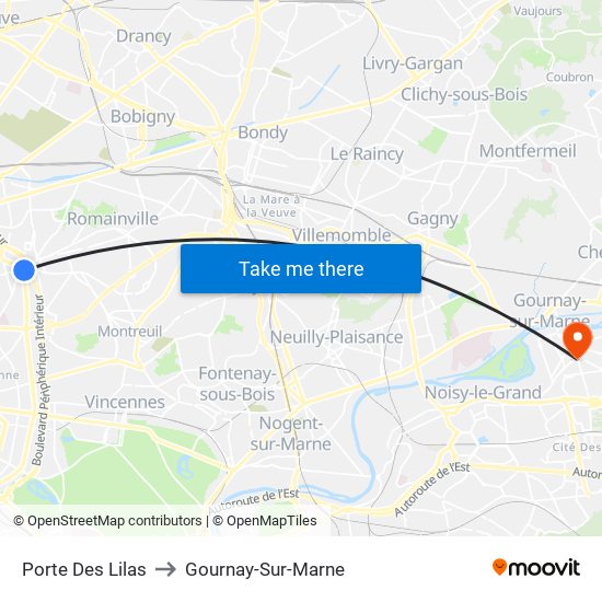 Porte Des Lilas to Gournay-Sur-Marne map