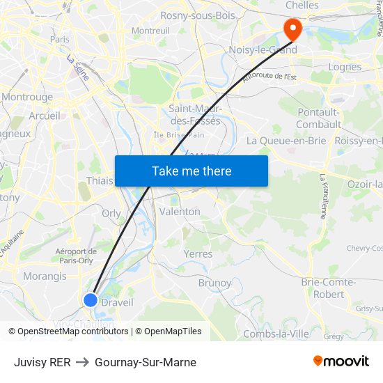 Juvisy RER to Gournay-Sur-Marne map