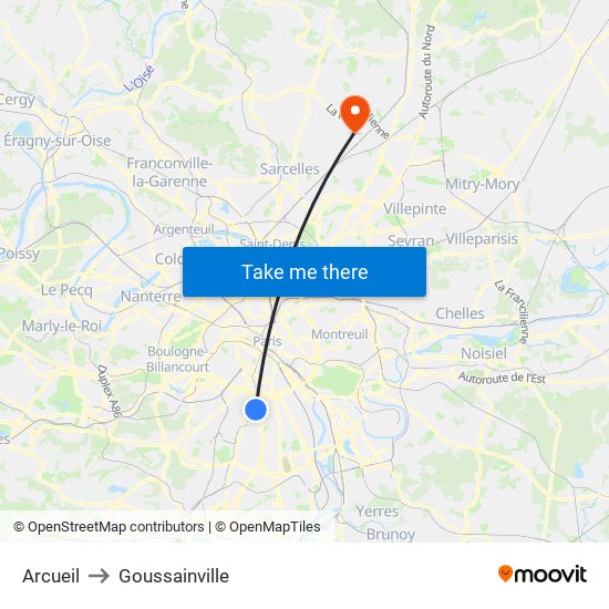 Arcueil to Goussainville map