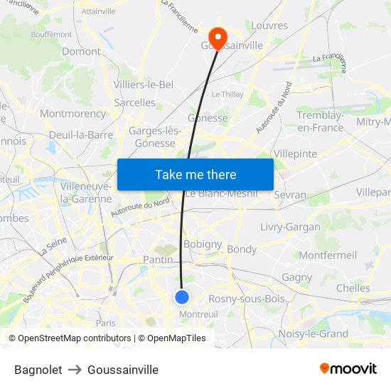 Bagnolet to Goussainville map