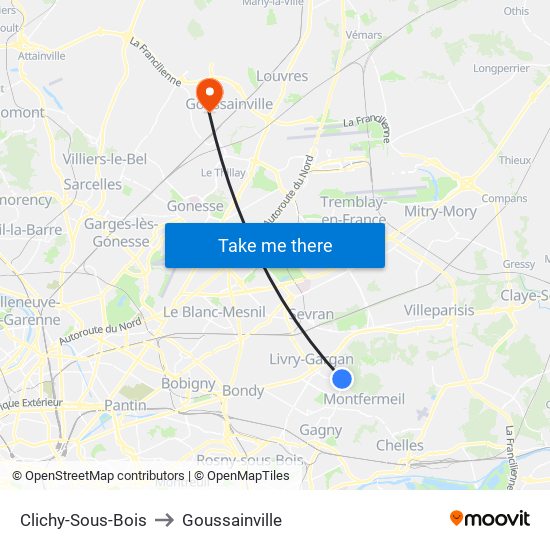 Clichy-Sous-Bois to Goussainville map