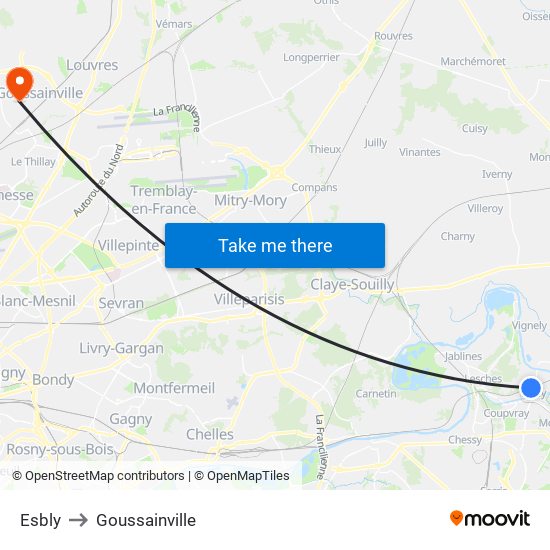 Esbly to Goussainville map