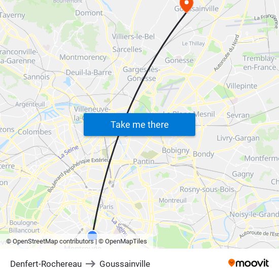 Denfert-Rochereau to Goussainville map