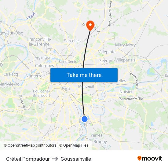 Créteil Pompadour to Goussainville map
