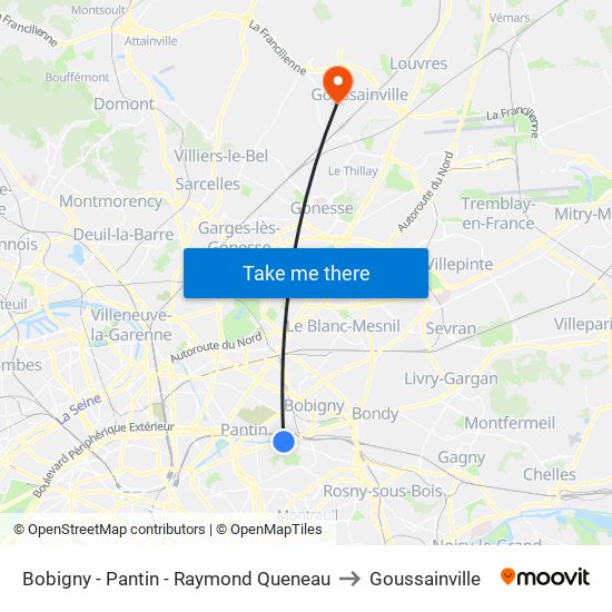 Bobigny - Pantin - Raymond Queneau to Goussainville map