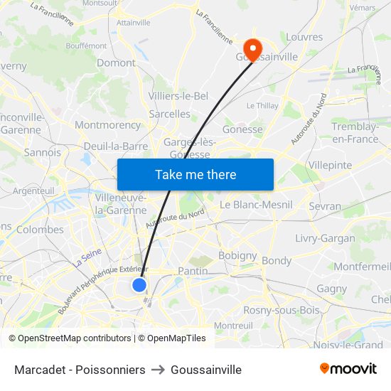 Marcadet - Poissonniers to Goussainville map
