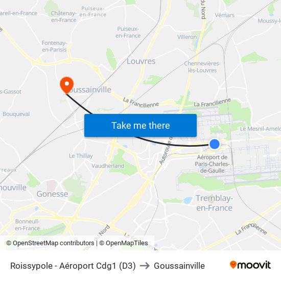 Roissypole - Aéroport Cdg1 (D3) to Goussainville map