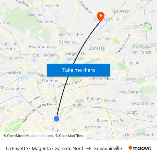 La Fayette - Magenta - Gare du Nord to Goussainville map
