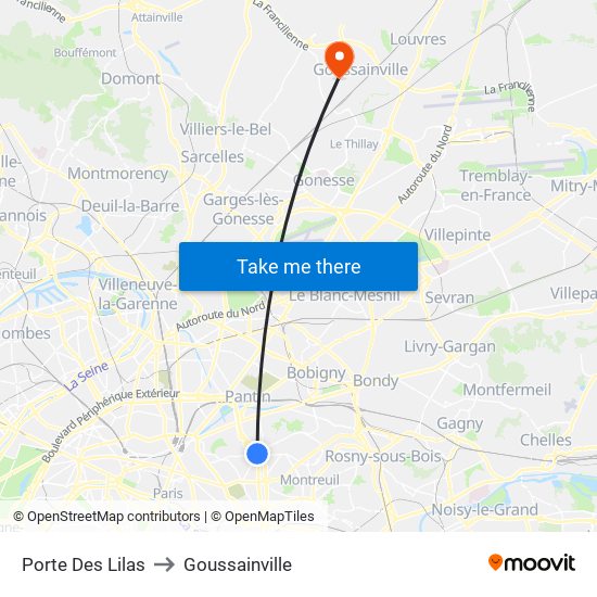 Porte Des Lilas to Goussainville map
