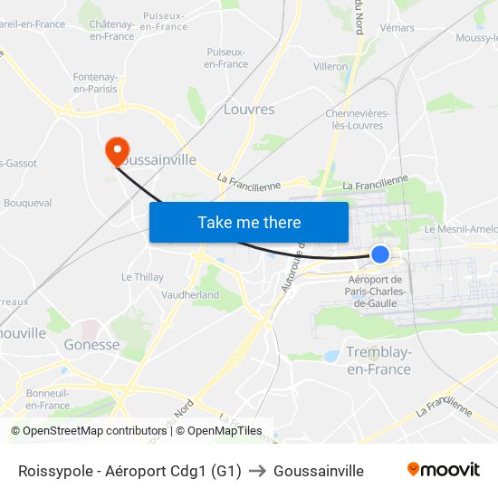 Roissypole - Aéroport Cdg1 (G1) to Goussainville map