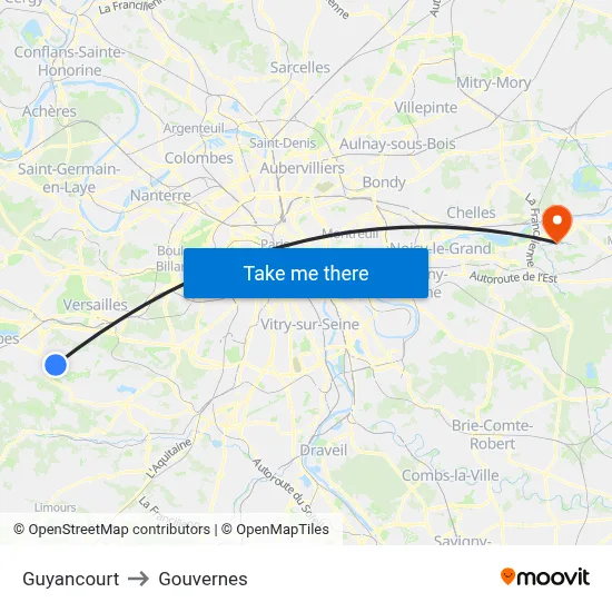 Guyancourt to Gouvernes map