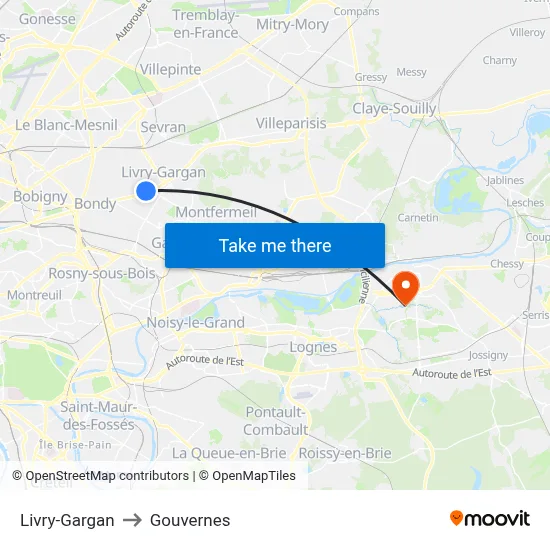 Livry-Gargan to Gouvernes map