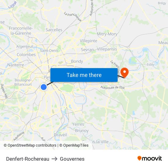 Denfert-Rochereau to Gouvernes map