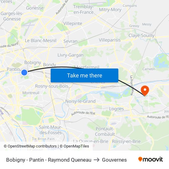 Bobigny - Pantin - Raymond Queneau to Gouvernes map