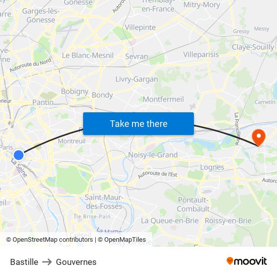 Bastille to Gouvernes map