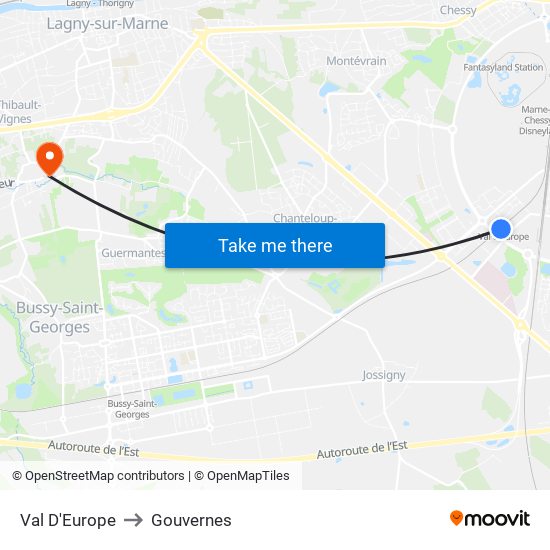 Val D'Europe to Gouvernes map