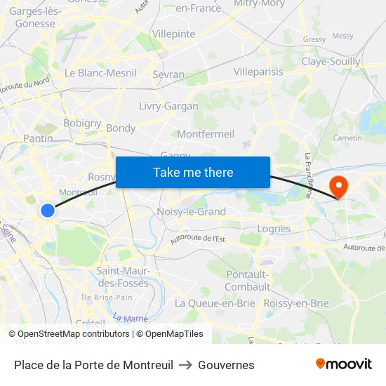 Place de la Porte de Montreuil to Gouvernes map