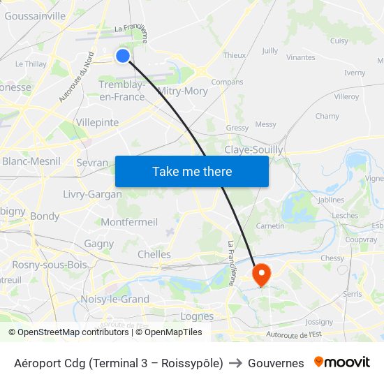 Aéroport Cdg (Terminal 3 – Roissypôle) to Gouvernes map