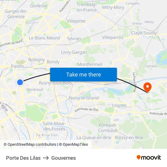 Porte Des Lilas to Gouvernes map