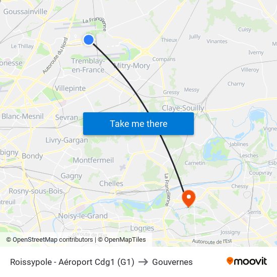 Roissypole - Aéroport Cdg1 (G1) to Gouvernes map