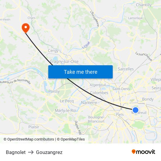 Bagnolet to Gouzangrez map