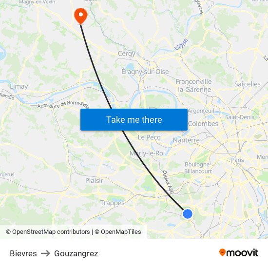 Bievres to Gouzangrez map