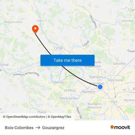 Bois-Colombes to Gouzangrez map