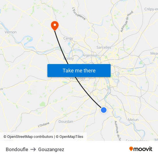 Bondoufle to Gouzangrez map