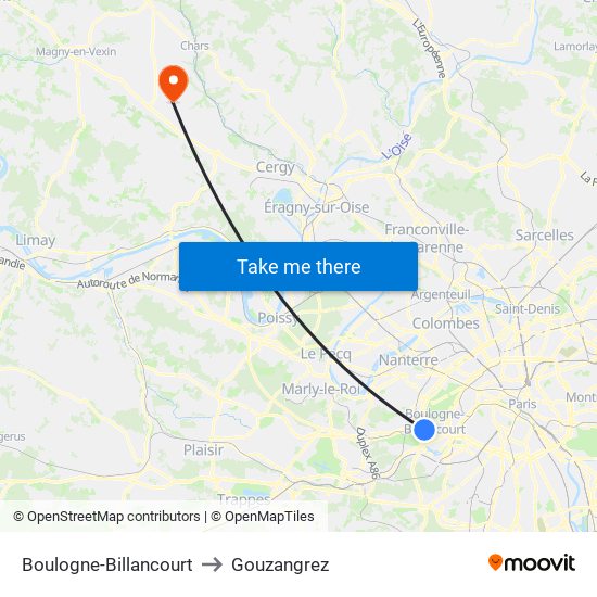 Boulogne-Billancourt to Gouzangrez map