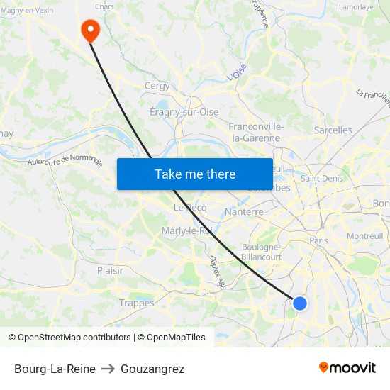 Bourg-La-Reine to Gouzangrez map