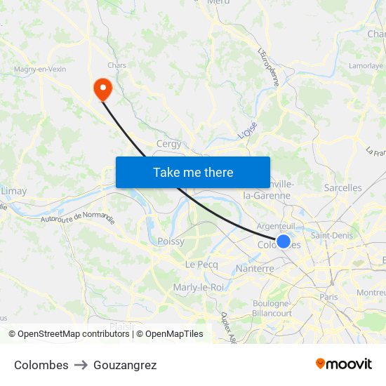 Colombes to Gouzangrez map