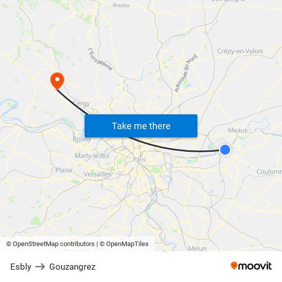 Esbly to Gouzangrez map