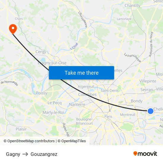 Gagny to Gouzangrez map