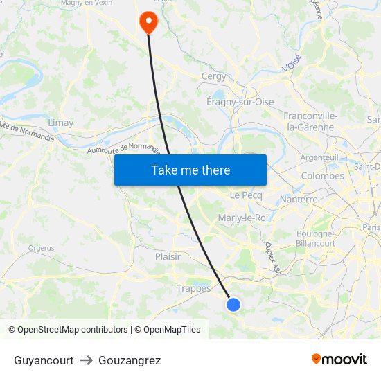 Guyancourt to Gouzangrez map