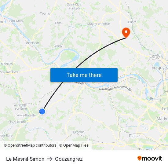 Le Mesnil-Simon to Gouzangrez map