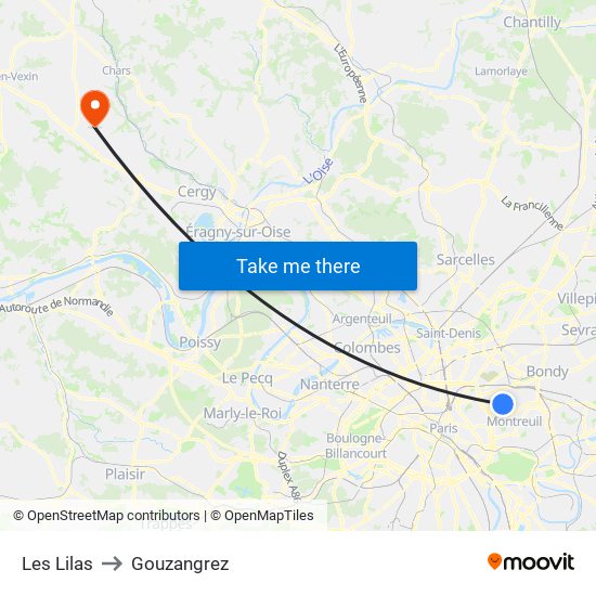 Les Lilas to Gouzangrez map