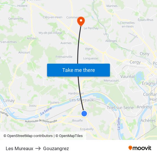 Les Mureaux to Gouzangrez map