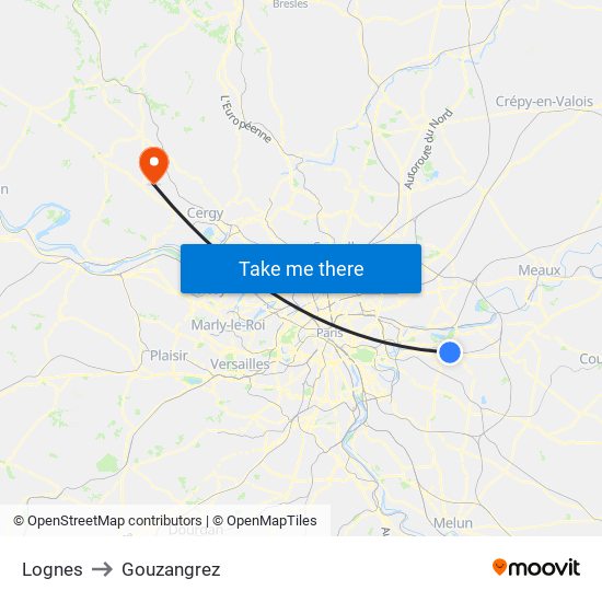 Lognes to Gouzangrez map