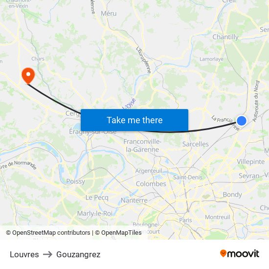 Louvres to Gouzangrez map
