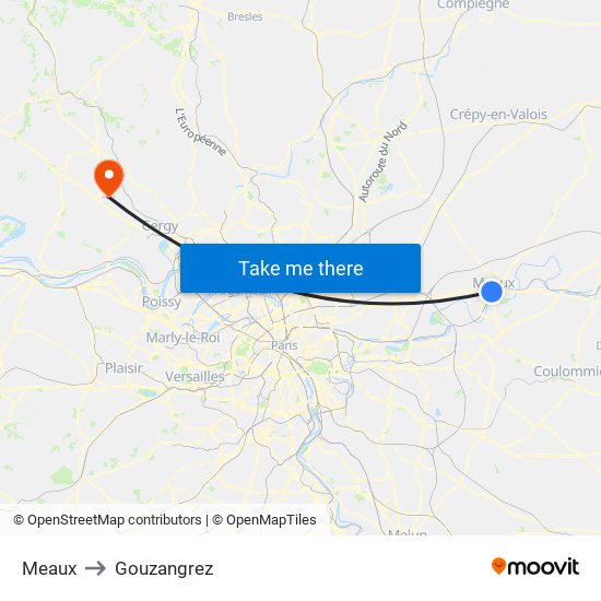 Meaux to Gouzangrez map