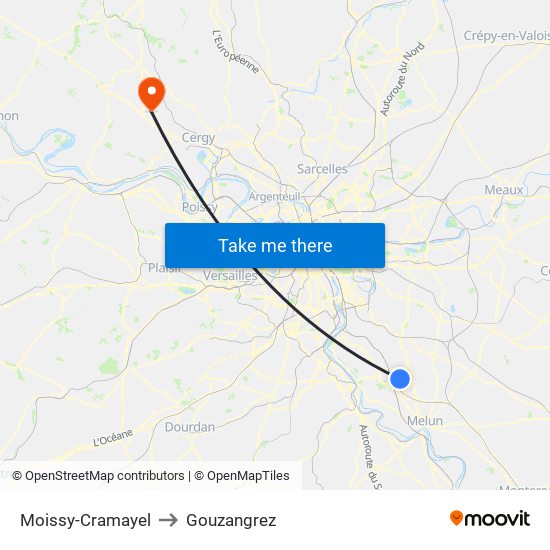 Moissy-Cramayel to Gouzangrez map