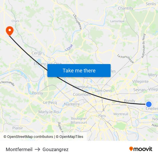 Montfermeil to Gouzangrez map