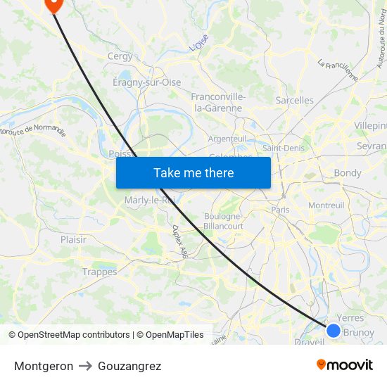Montgeron to Gouzangrez map