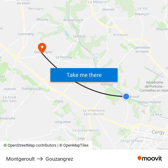 Montgeroult to Gouzangrez map
