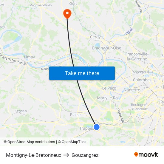 Montigny-Le-Bretonneux to Gouzangrez map