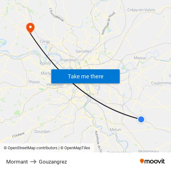 Mormant to Gouzangrez map