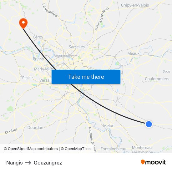 Nangis to Gouzangrez map